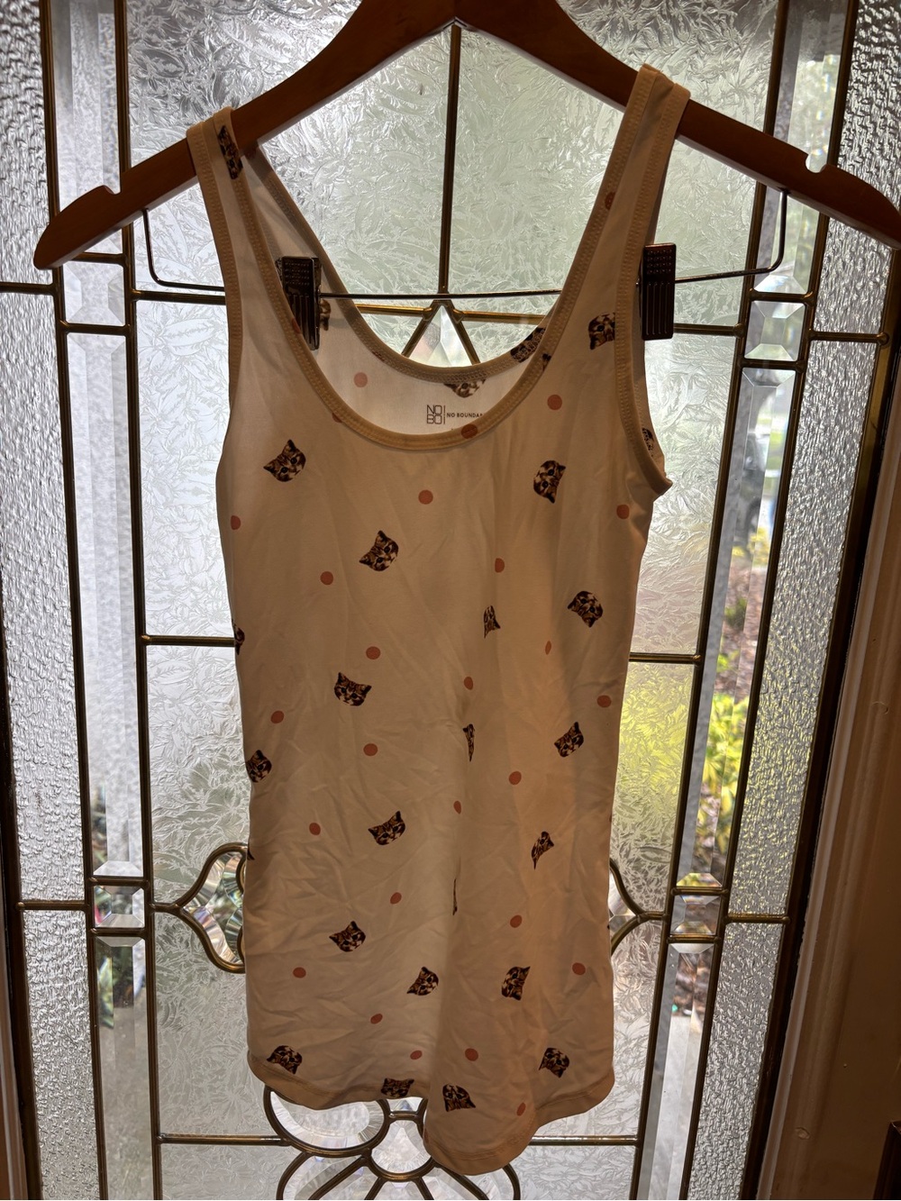 No Boundaries Cream Tank Top with Cat Faces and Pink Dots